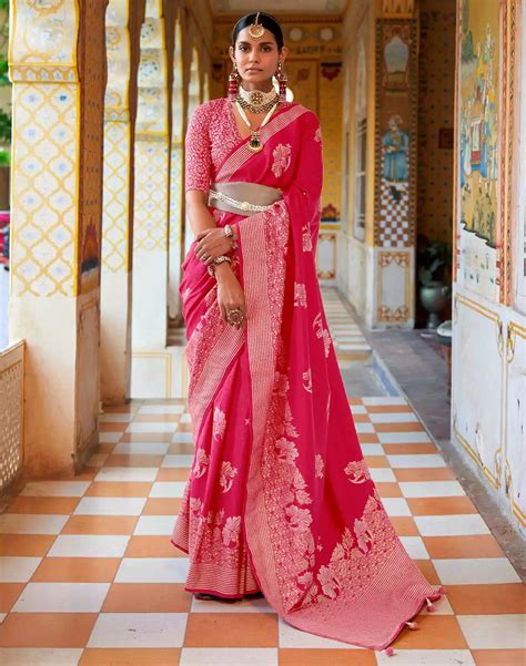 Dark Pink Banaras Silk Floral Print Saree – South India Shopping Mall