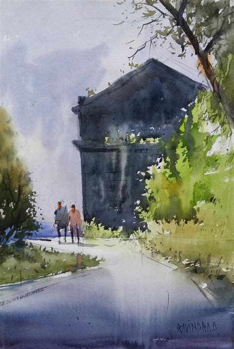"Indian Fort": Steel Grey Watercolor Painting by Ravindra Mahale ...