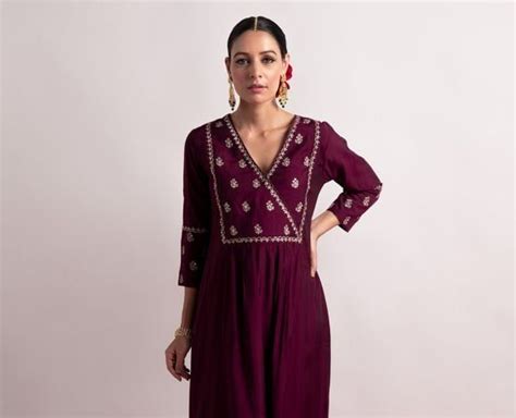 Burgundy Aari Work Modal Silk A-Line Kurta with Pants- Set of 2