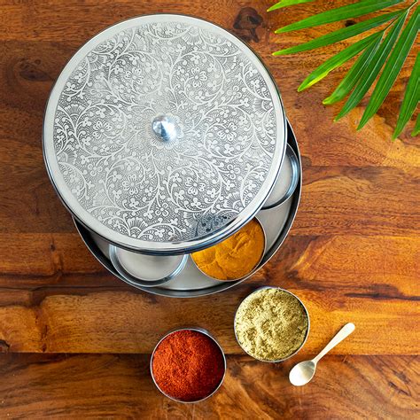 'Floral Hand-Etched' Spice Box With Spoon In Stainless Steel (7 Contai ...