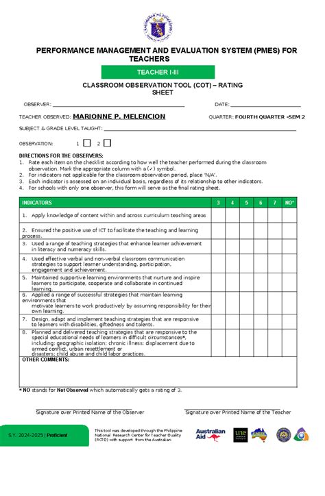 COT Rating Sheet for Proficient Teachers SY 2024-2025 Evaluation Tool ...