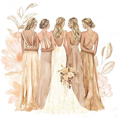 Bride and Bridesmaids Watercolor Wedding Illustration Bundle, Digital ...