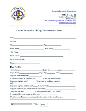 Owner Evaluation of Dog Temperament Form - Blank Fillable Template ...