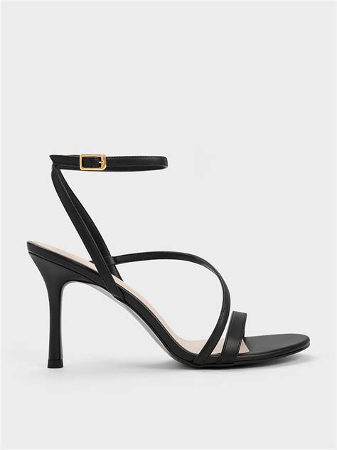 Black Asymmetric Strappy Heeled Sandals - CHARLES & KEITH NZ