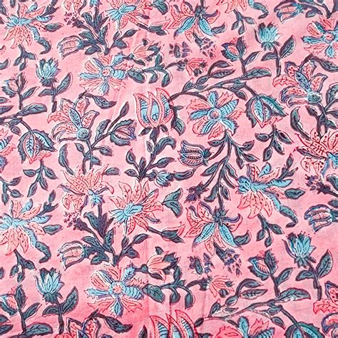 (PRE-CUT 1.70 METER) Pure Cotton Jaipuri Pink With Blue Anemone Hand B ...