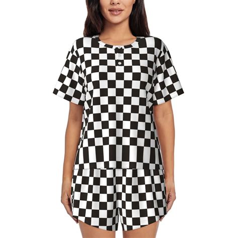 Cauagu Black and White Checkerboard for Women's Round Neck Pajama Set ...