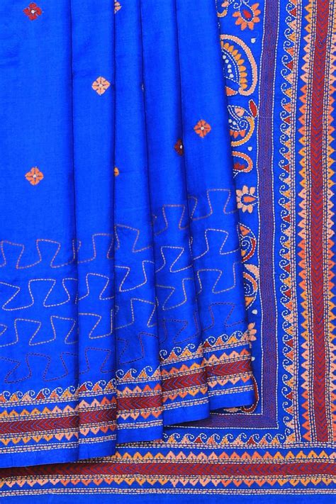 Kantha Stitch Embroidery Royal Blue Saree – Kalanjali