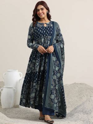 Buy Libas Navy Blue Floral Printed Anarkali Kurta with Pant and Dupatta ...