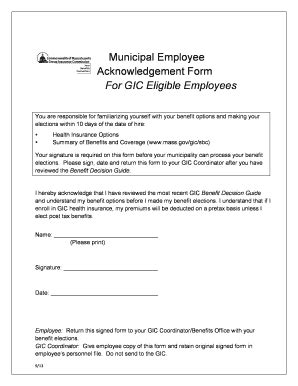 Fillable Online arlington k12 ma GIC Employee Acknowledgement Form ...