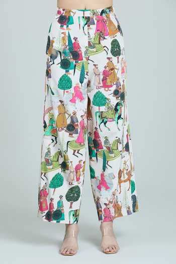 Buy Ivory Cotton Tassels Square Neck Mughal Print Oversized Pant Suit ...
