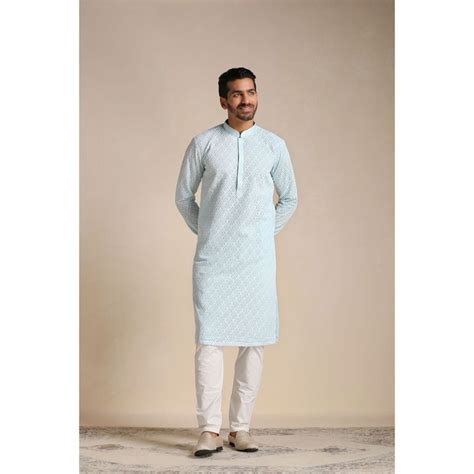 Buy Manyavar Sky Blue Art Silk Embroidery Kurta Pajama (Set of 2) Online