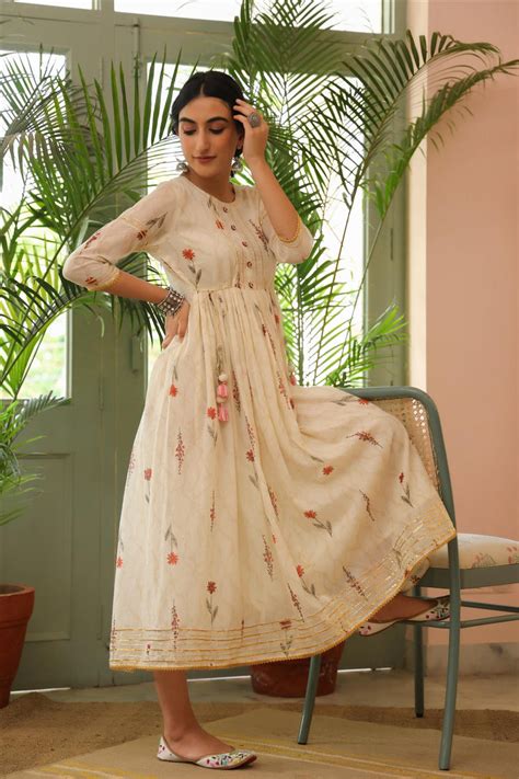Shop Off White Mul Cotton Printed Gota Anarkali Dress With Dori Tie Up ...
