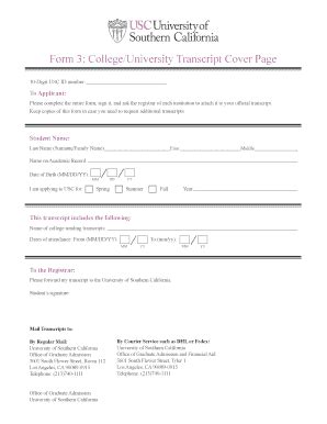 Fillable Online gradadm usc Form 3: College/University Transcript Cover ...