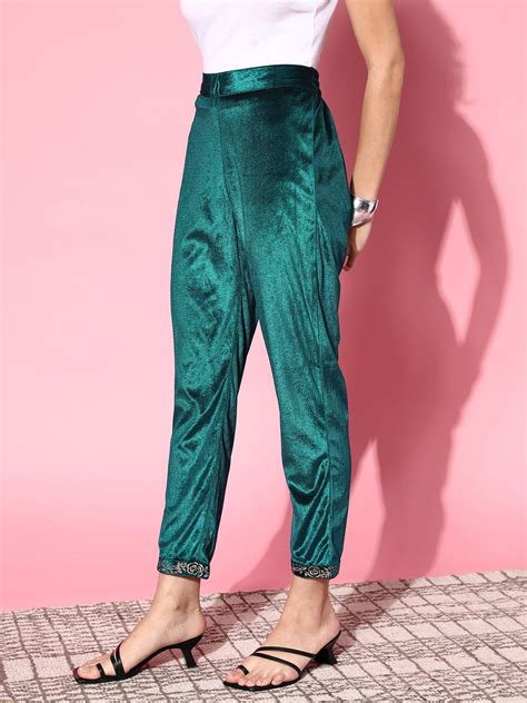 Buy Women Emerald Green Velvet Embroidered Pencil Pants Online at Sassafras