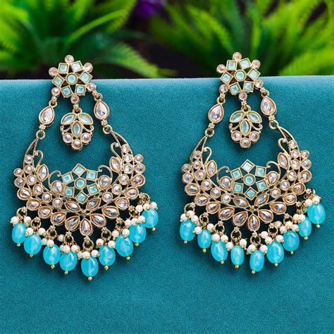 Sukkhi Blue Gold Plated Reverse AD & Pearl Jhumka Earring For Women ...