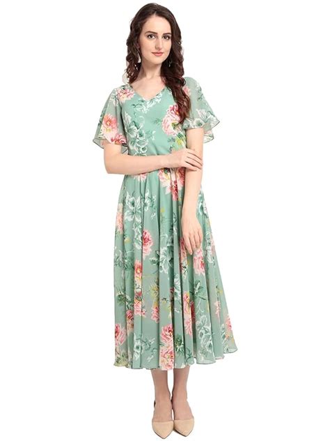 Rare London Women Georgette A-Line Calf Length Dress (Ep3153_B_Green_M ...