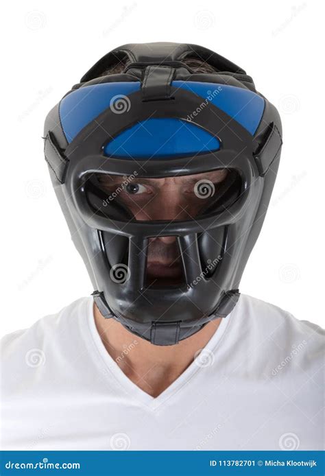 Man with boxing head gear stock image. Image of isolated - 113782701