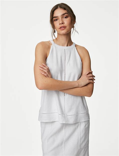 Buy Linen Rich Halter Neck Embroidered Top at Marks & Spencer