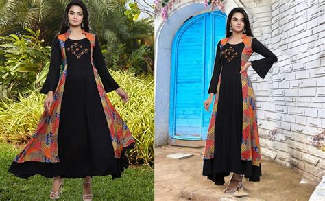 Yash Gallery Women Rayon Geometric Print Embroidered Anarkali Kurta ...