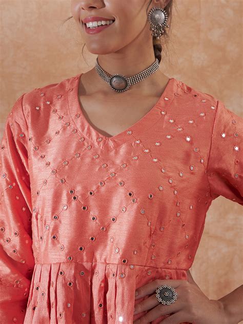 Peach Mirror Work Long Anarkali Kurta