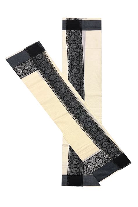Kerala Cotton Single Set Mundu (Mundum Neriyathum) with Black Block pr ...