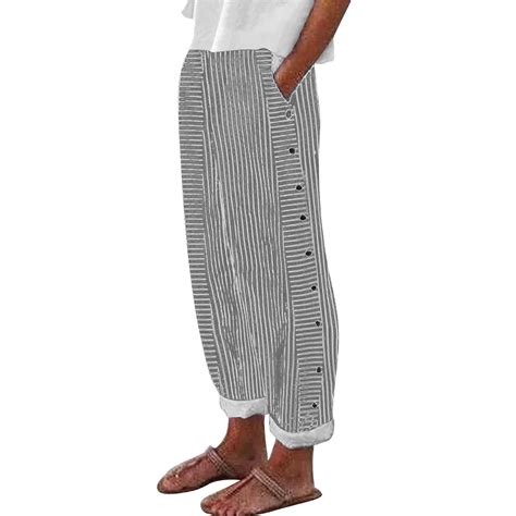 zicth Black Linen Pants Women's Cotton and Linen Striped Elastic High ...