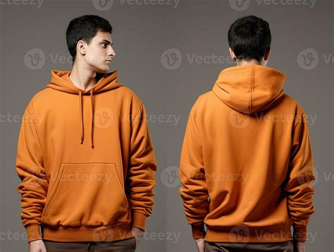 Front and back view of an orange color hoodie mockup for design print ...