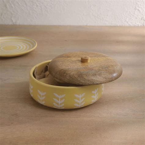 Buy Gamboge ceramic roti box with wooden lid Online - Ellementry ...
