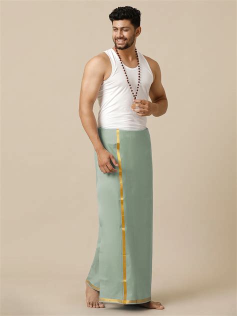 Men Gold Jari Border Single Layer Dhoti Green Cosmic 10