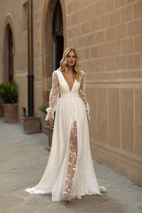 Deep v neckline wedding dress illusion lace long sleeves illusion lace slit skirt boho wedding ...