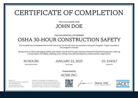 Detailed and professional OSHA 30 certificate template