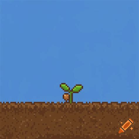 A pixel art image of a small green sprout with a brown seed growing ...