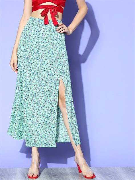 Women Green Floral Printed High-Rise Waist Side-Slit Flared A-Line Maxi ...