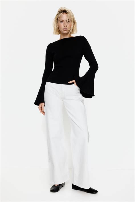 Trumpet-sleeved ribbed top - Black - Ladies | H&M IN