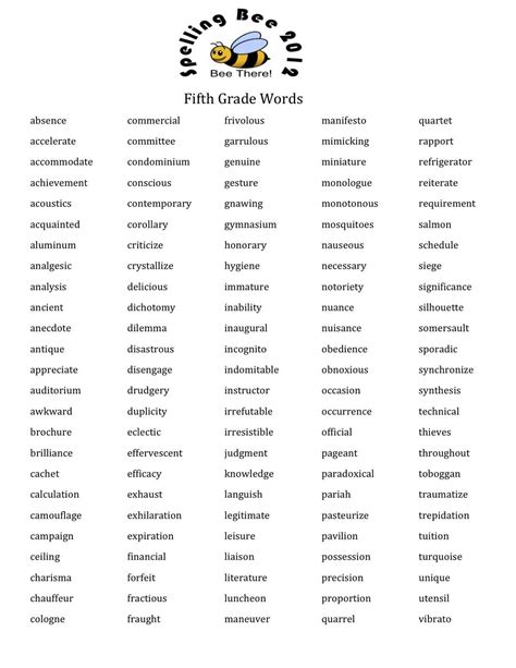 4th Grade Spelling Word List Printable