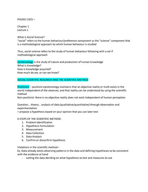 Polisci 2325 - lecture notes - POLISCI 2325 – Chapter 1 Lecture 1 What is Social Science ...