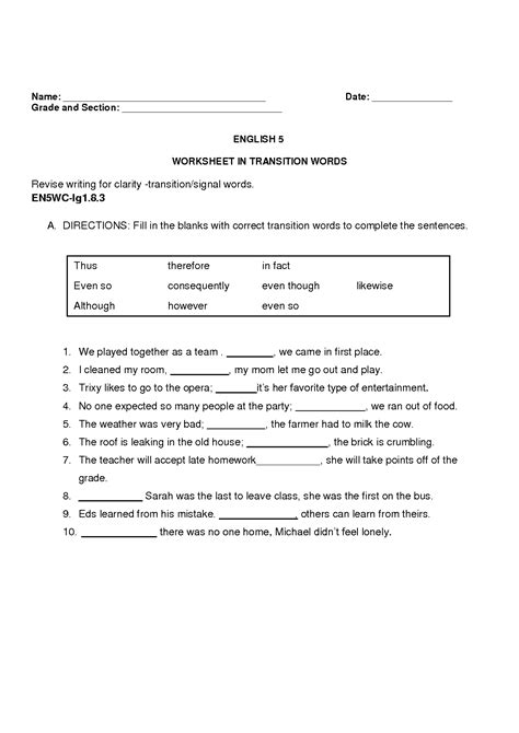 Transition Words Handout at Bailey Band blog
