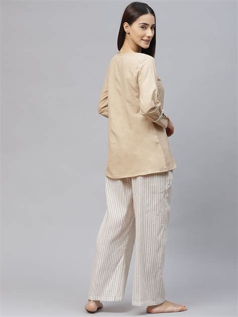 Beige and White Solid Cotton Lace Inserts Pyjama Set