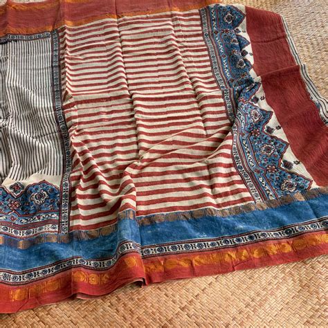Ajrak Hand Block Print On Madurai Cotton saree – villvam