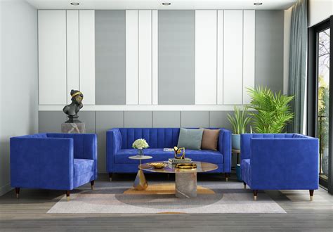 Buy Abro 3+1+1 Seater Fabric Sofa (Velvet, Sapphire Blue) Online in ...