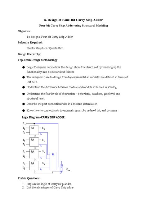 Experiment 8- Student Copy - 8. Design of Four-Bit Carry Skip Adder ...
