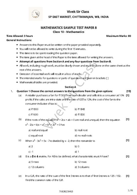 Mathematics Sample Test Paper 8 for Class 10 - SP EAST MARKET - Studocu