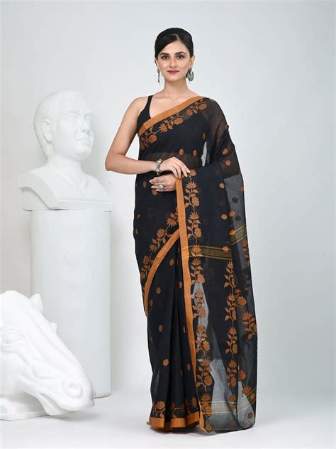 Classic Black & Mustard Handwoven Tant Cotton Saree with Texture Motif ...