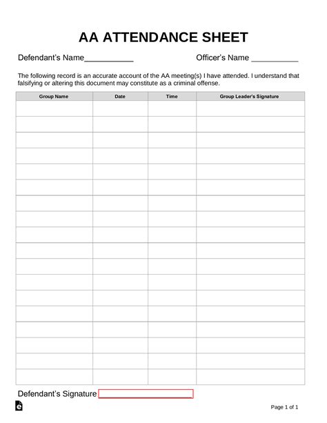 Aa Meeting Attendance Sheet Attendance Sheet