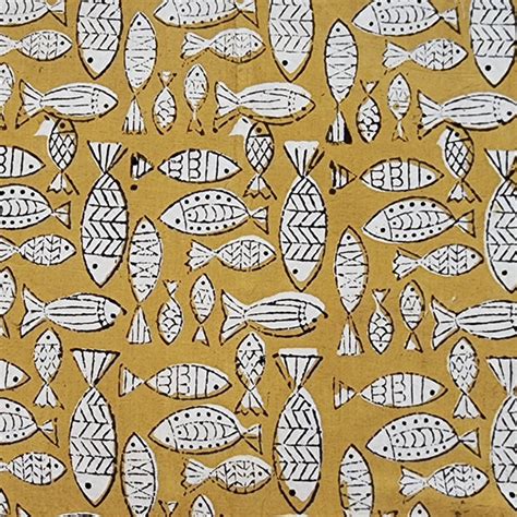Pure Cotton Bagru Mustard With Cream Fish Motif Hand Block Print Fabri ...