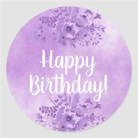 Happy Birthday with violet watercolored flowers Classic Round Sticker ...