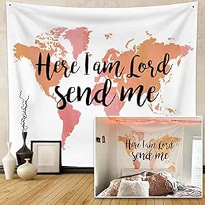 Canessioa World Map Tapestry Wall Hanging Bible Verse Here I Am Lord ...