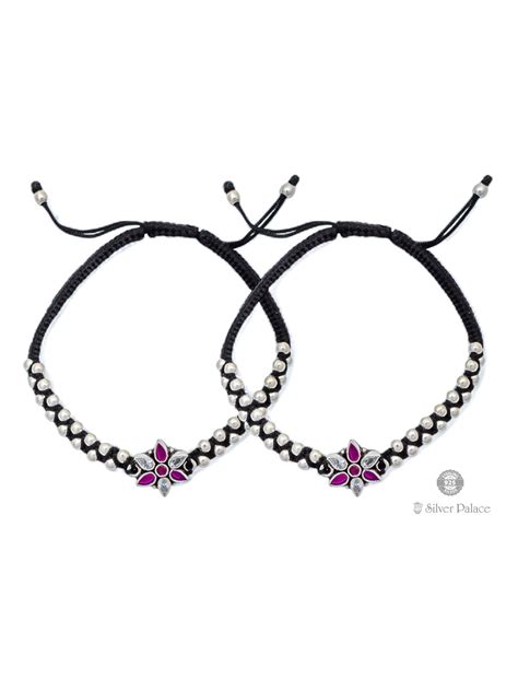 925 Silver Floral Design Black Thread Anklets For Ladies - Silver Palace