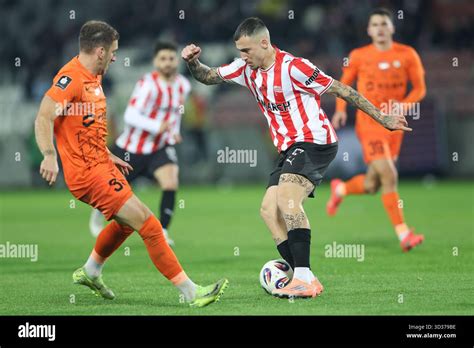 Filip Stojilkovic of Cracovia Krakow (R) seen in action during Polish ...