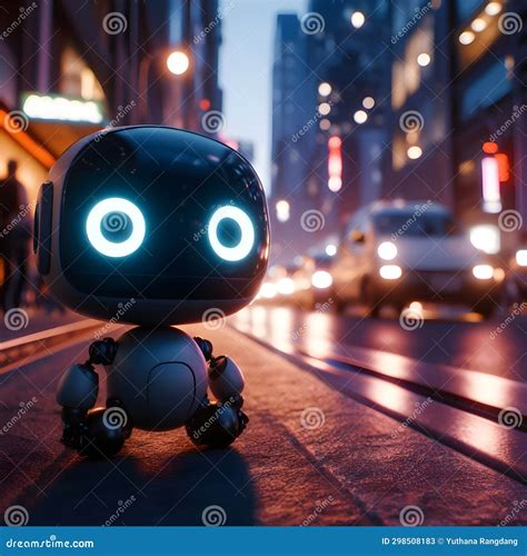 Robot on the Road in the City at Night. 3d Rendering Stock Illustration ...